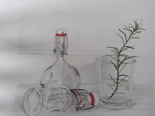 Carrie-Anne, Glasswear, coloured pencils.